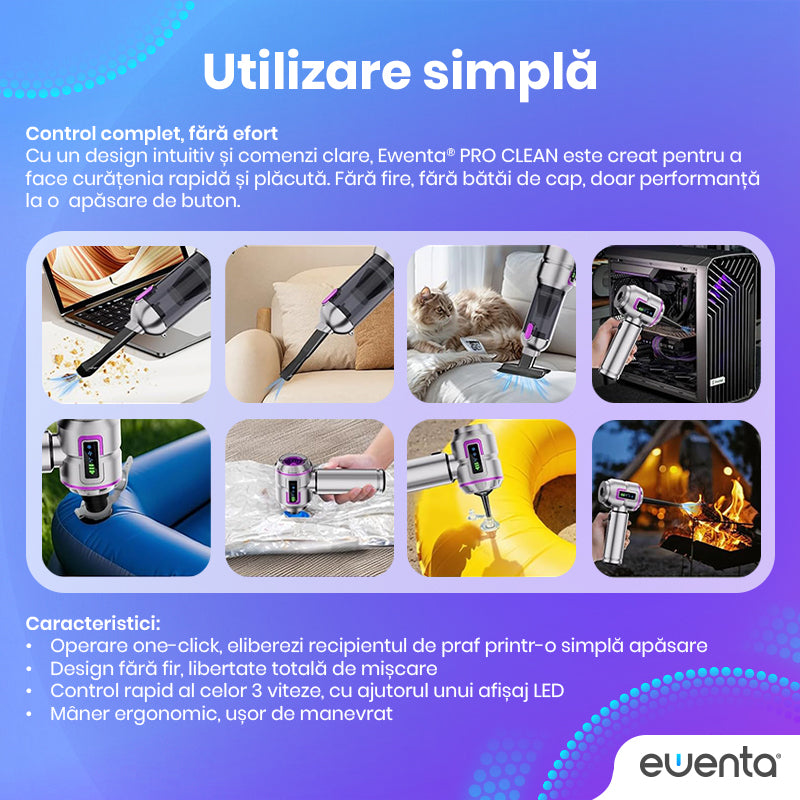 Aspirator Auto Portabil Ewenta PRO CLEAN 4 in 1 Fara Fir